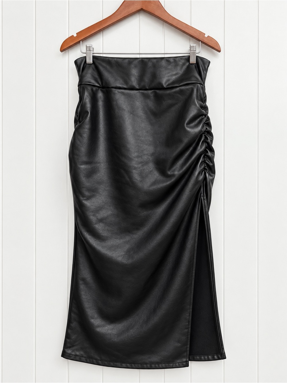 High Waisted Tummy Control Ruched 2-in-1 Fleece PU Midi Skirt Small NWOT